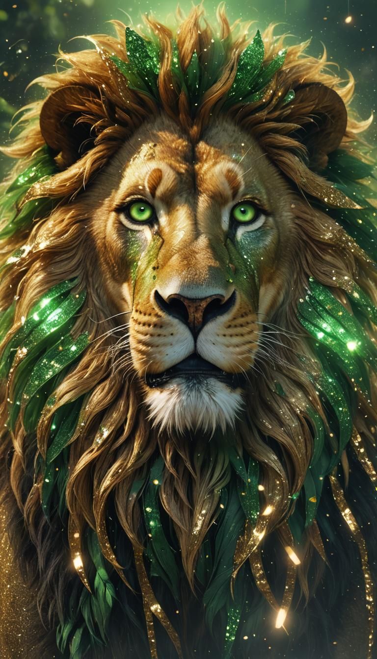 Lion with Green Eyes and Golden Mane in 3D