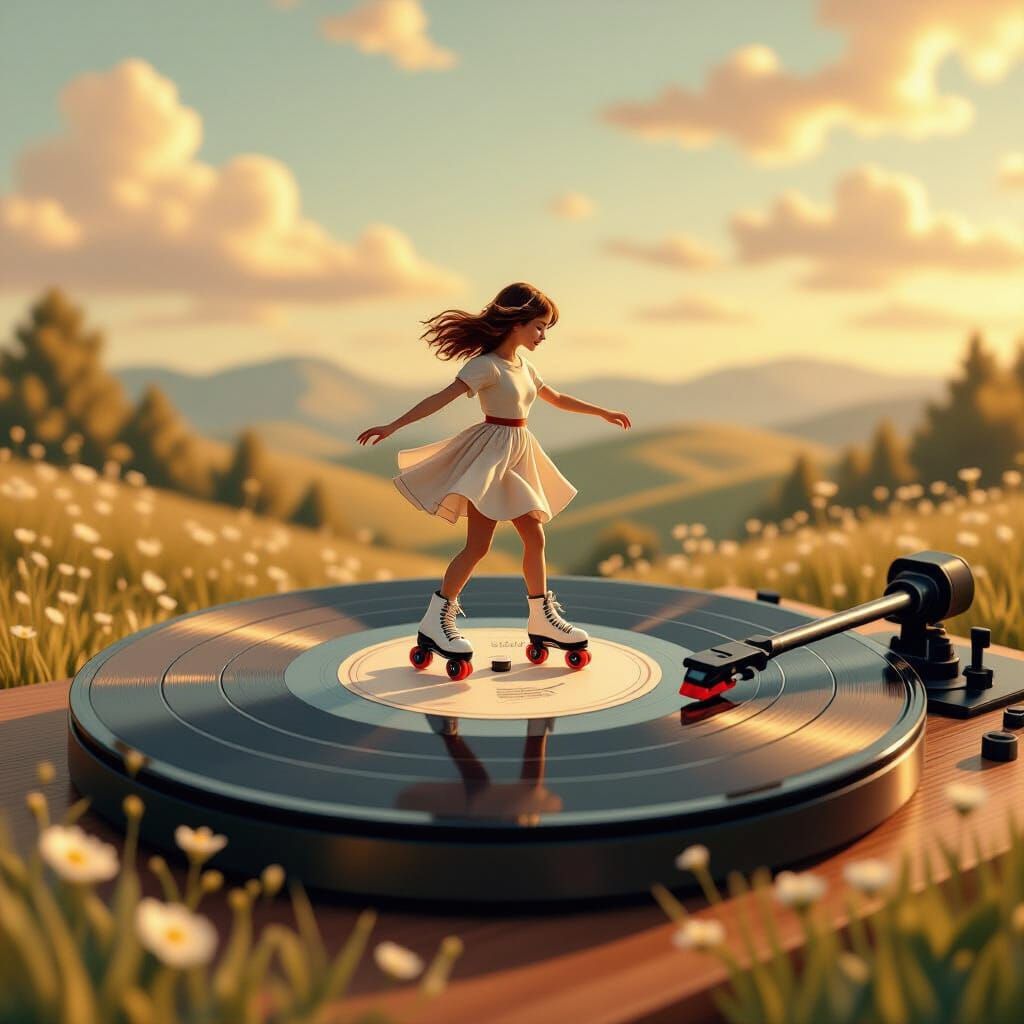 Miniature Skater on Vintage Record Player