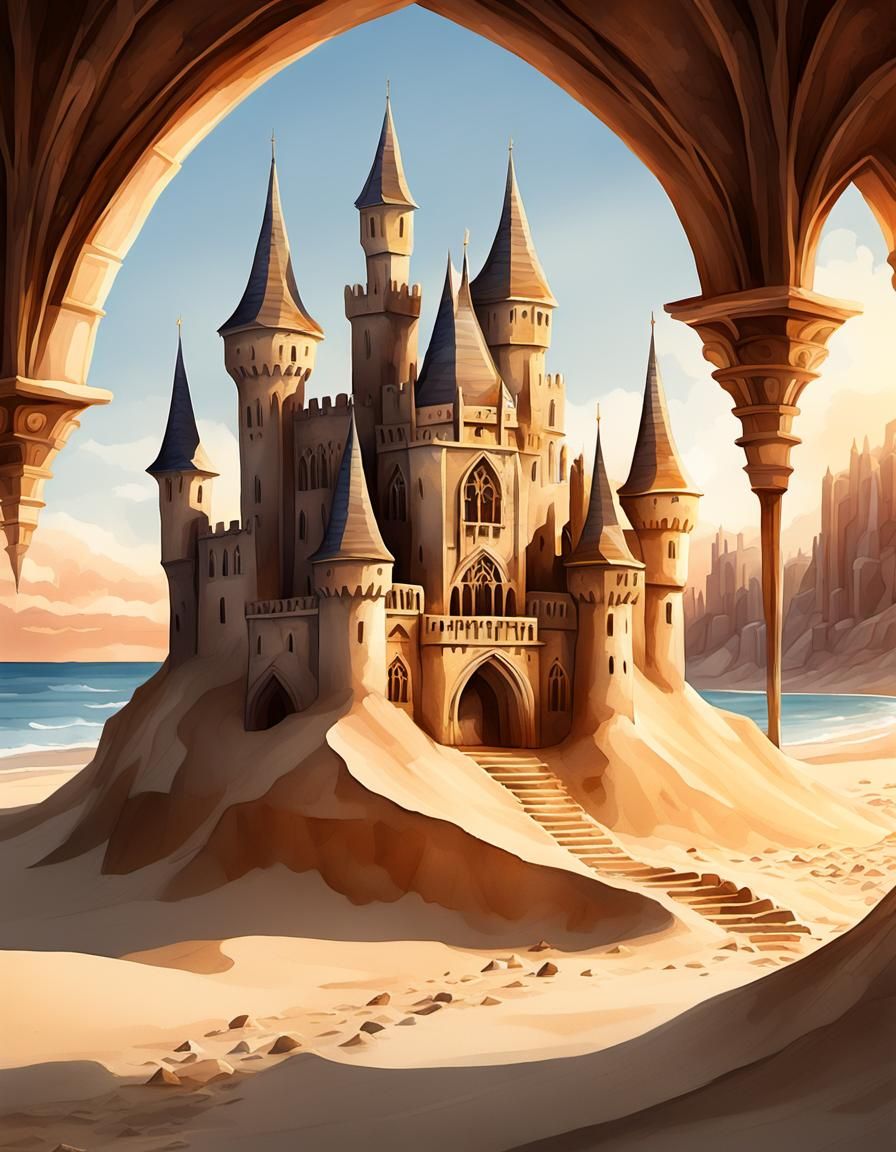 Intricate Medieval Sandcastle on Beach in Digital Art