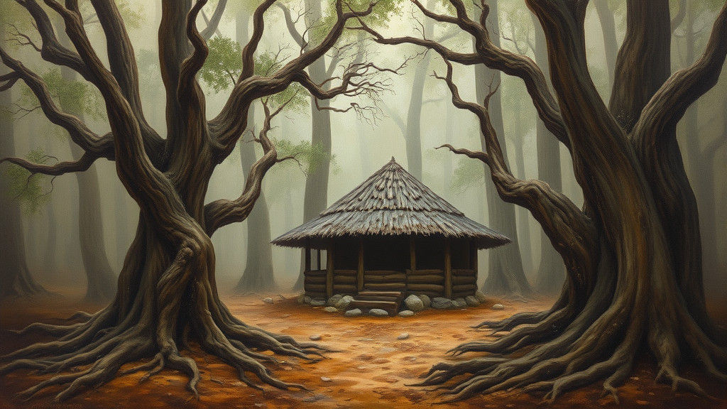 Misty Forest Hut: An Impressionistic Oil Painting