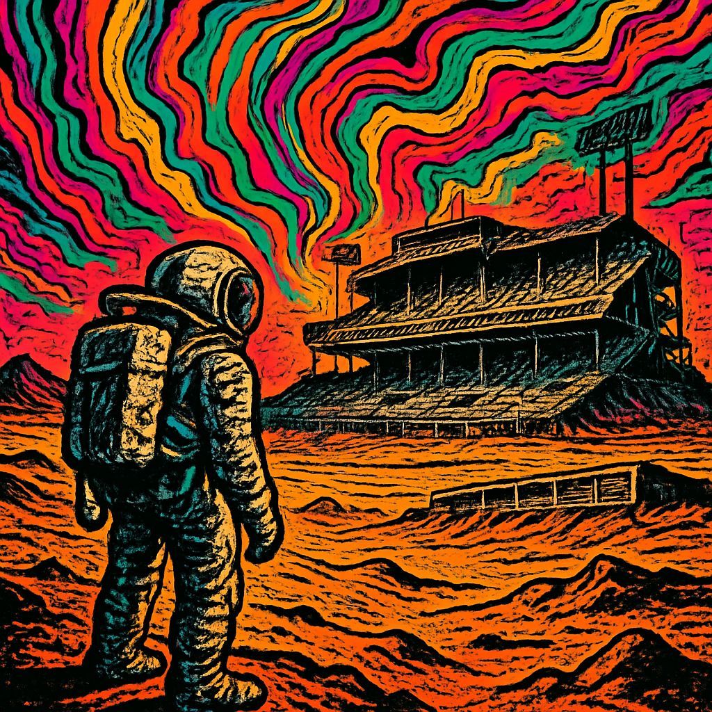 Astronaut Views Decaying Alien Baseball Stadium in Psychedel...