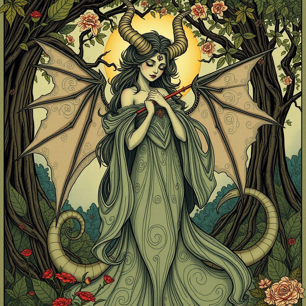 Mystical Demon Girl in Art Nouveau Style