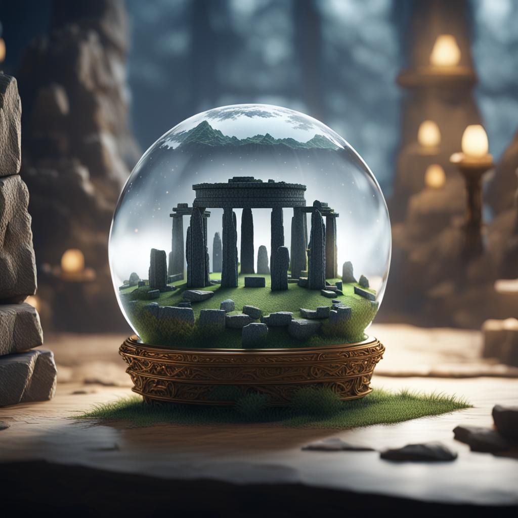 Miniature Stonehenge in Glass Orb: Hyperrealistic Concept Ar...
