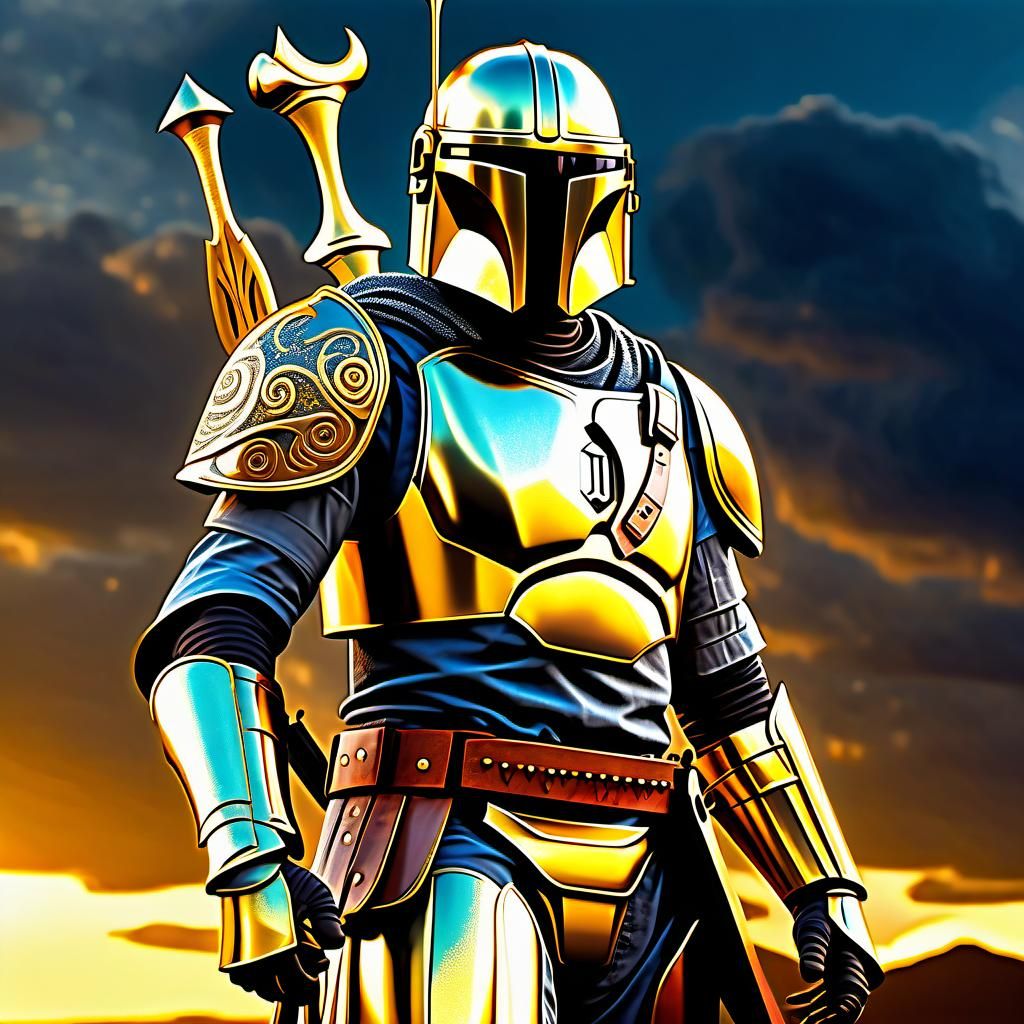 Golden Knight in Mandalorian Armor: Photorealistic CGI