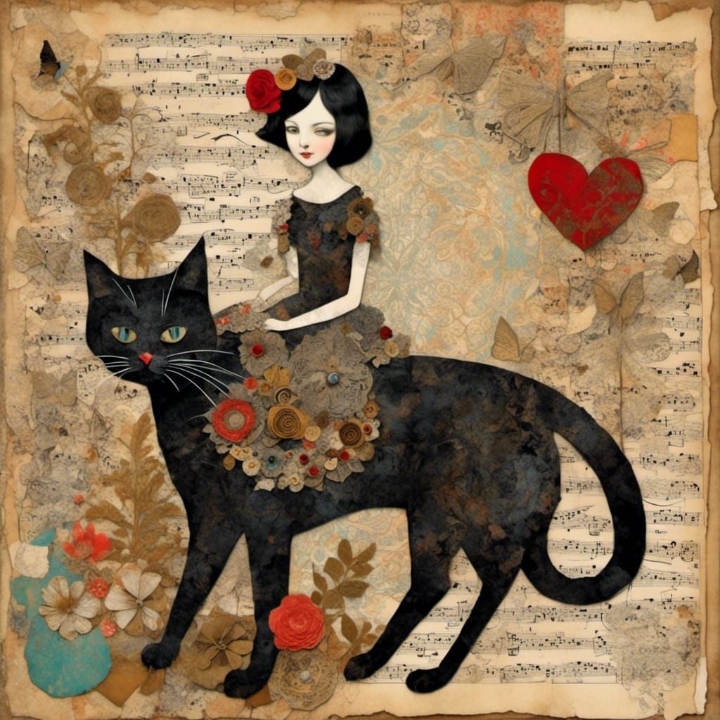 Girl on Whimsical Cat in Mixed Media Collage