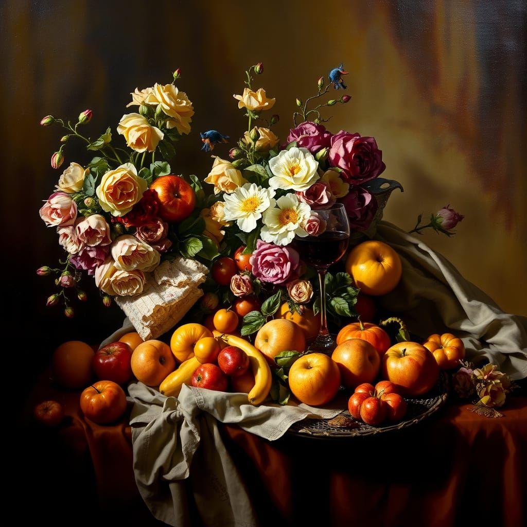 Luxurious Baroque Still Life with Fruits, Flowers, and Wine