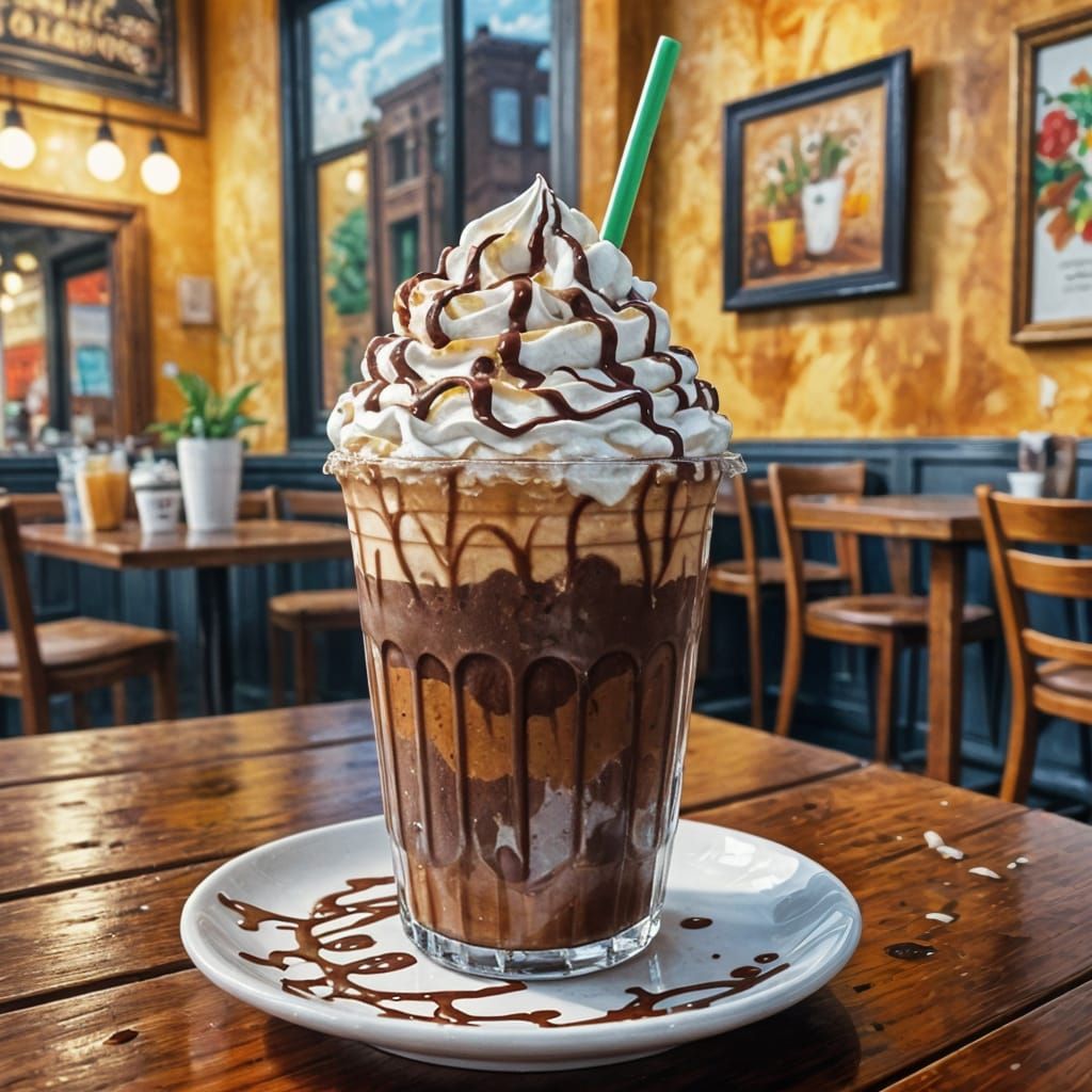 Epic Chocolate Frappaccino Masterpiece in Gouache Style