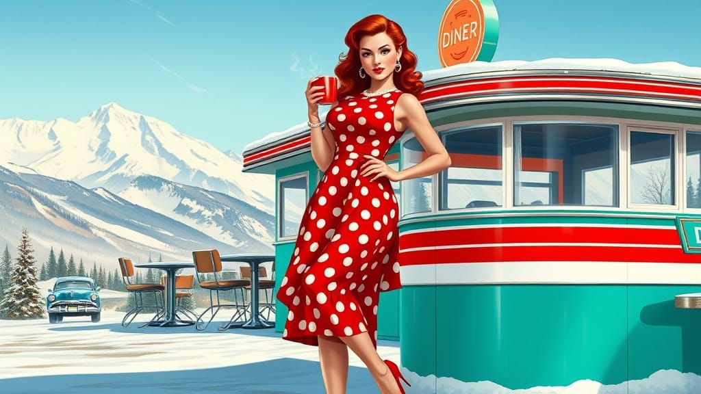 Retro Pin-Up Girl at Diner in Snowy Landscape