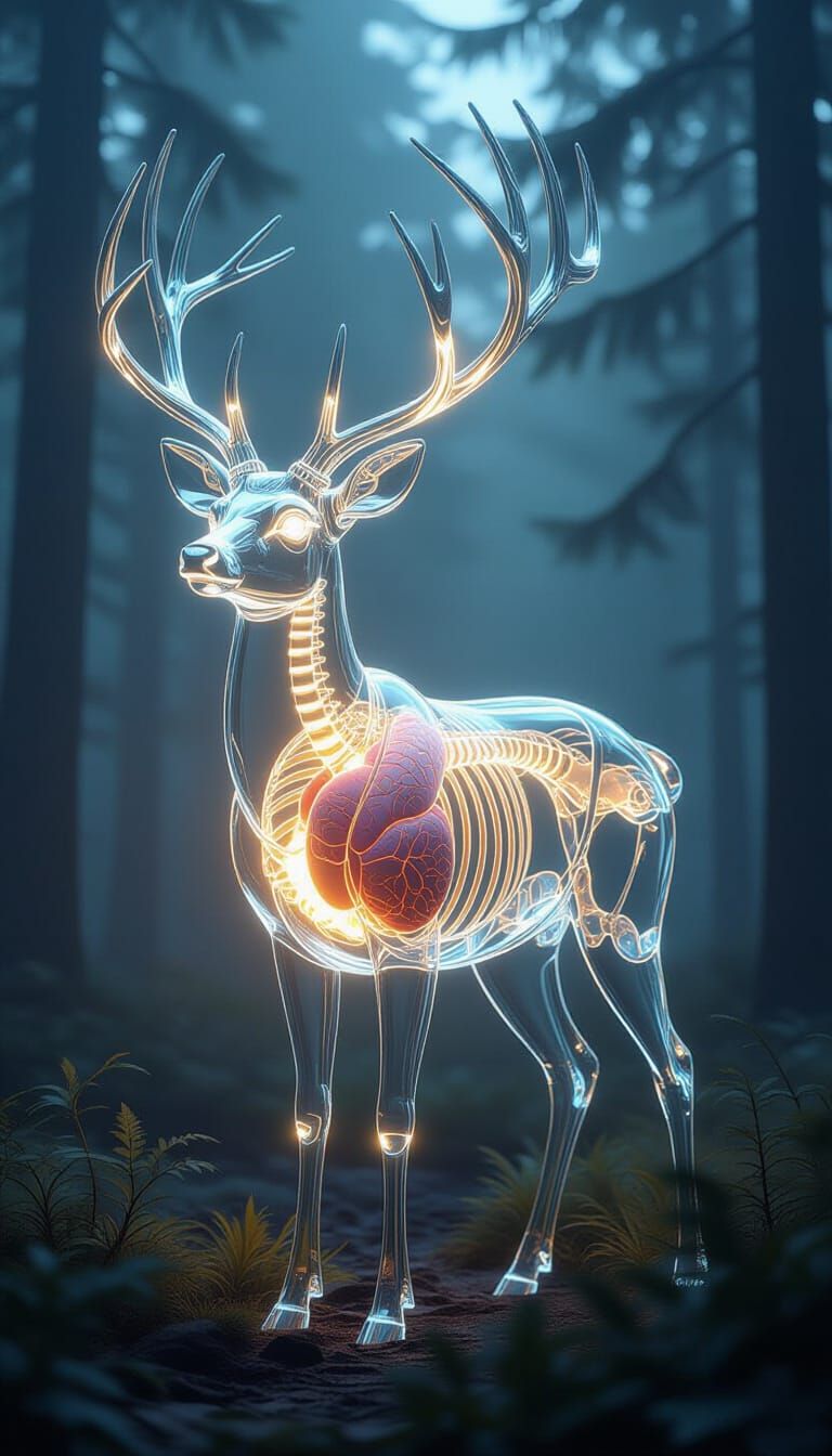 Crystal Deer with Glowing Veins in Misty Forest