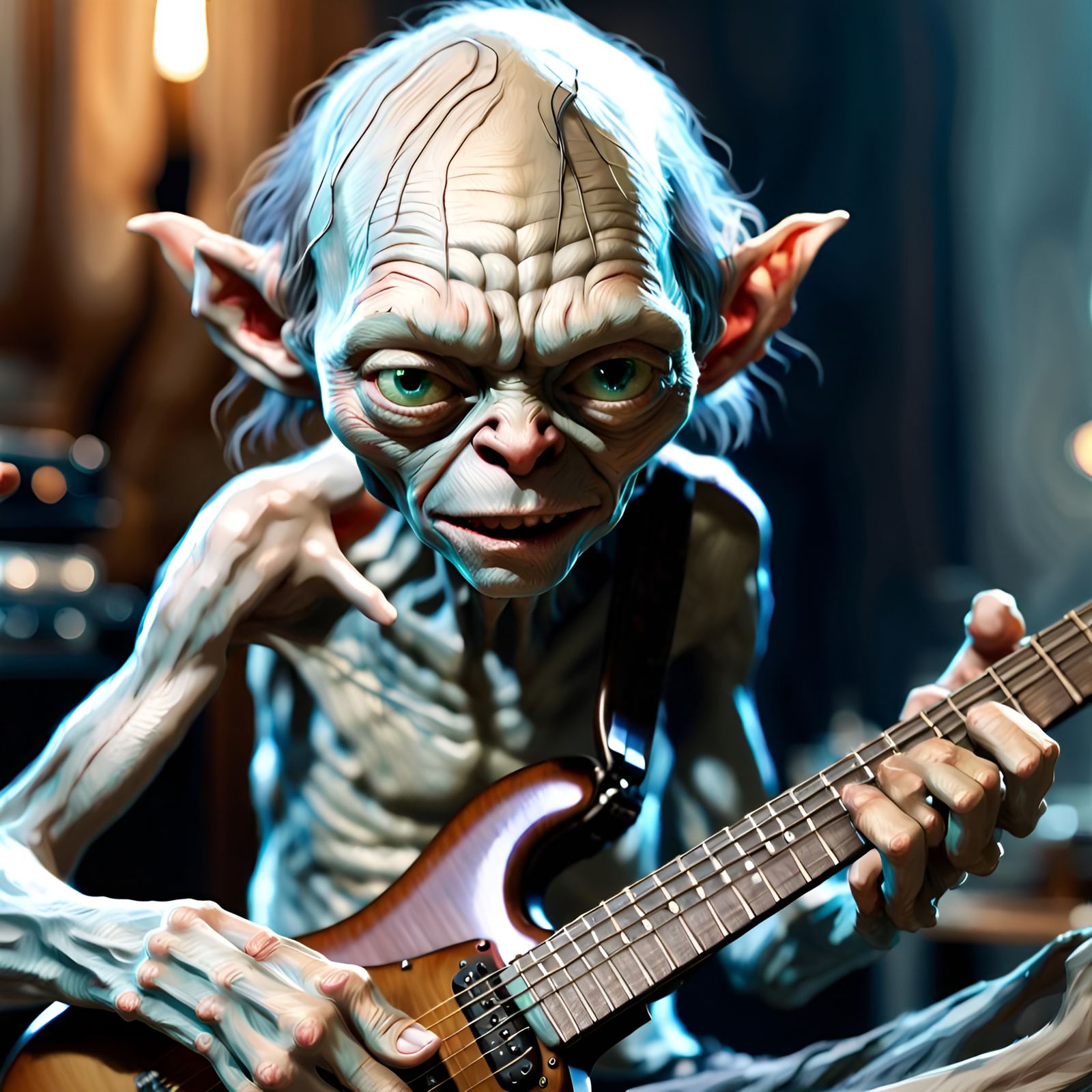 Gollum Plays Electric Guitar: 3D Digital Art