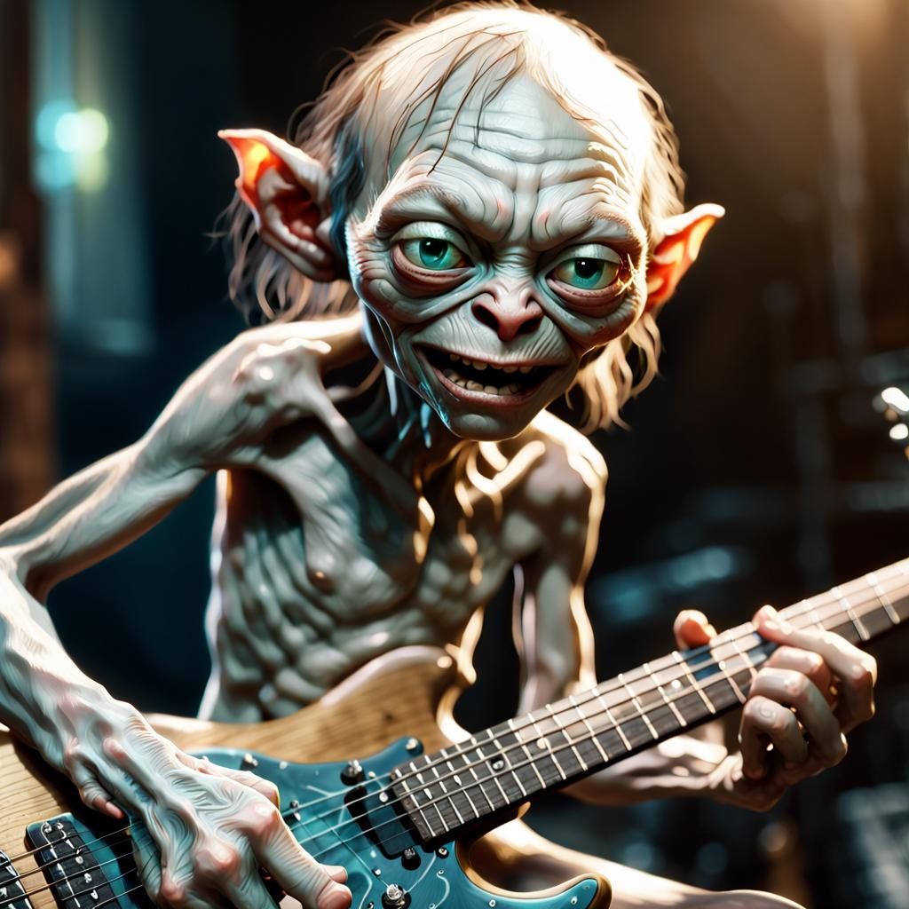 Gollum Plays Guitar: Detailed 3D Render