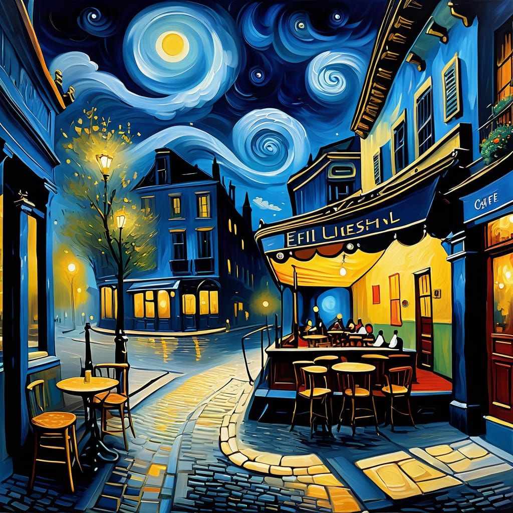 Enchanted Cafe Interior with Van Gogh Night Sky Ceiling