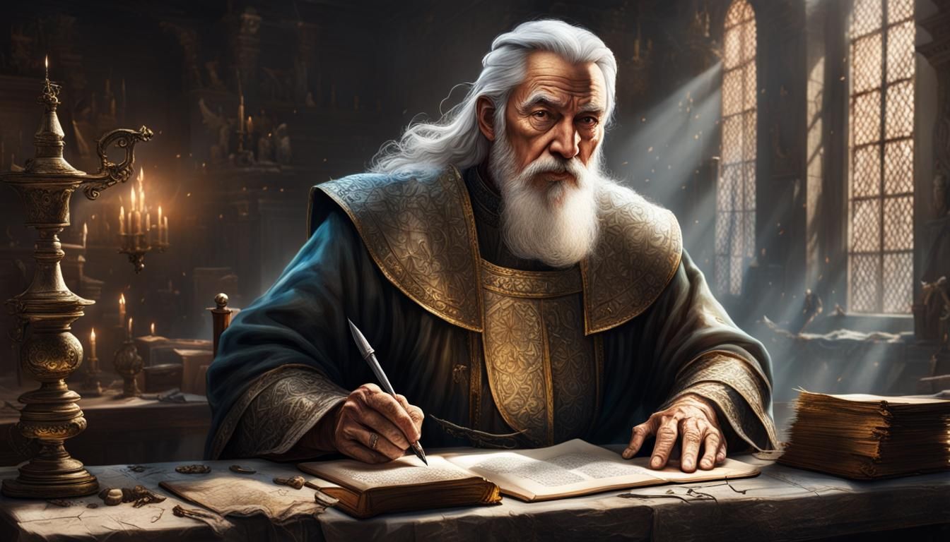 King Writing in Medieval Office: Hyperrealistic Splash Art
