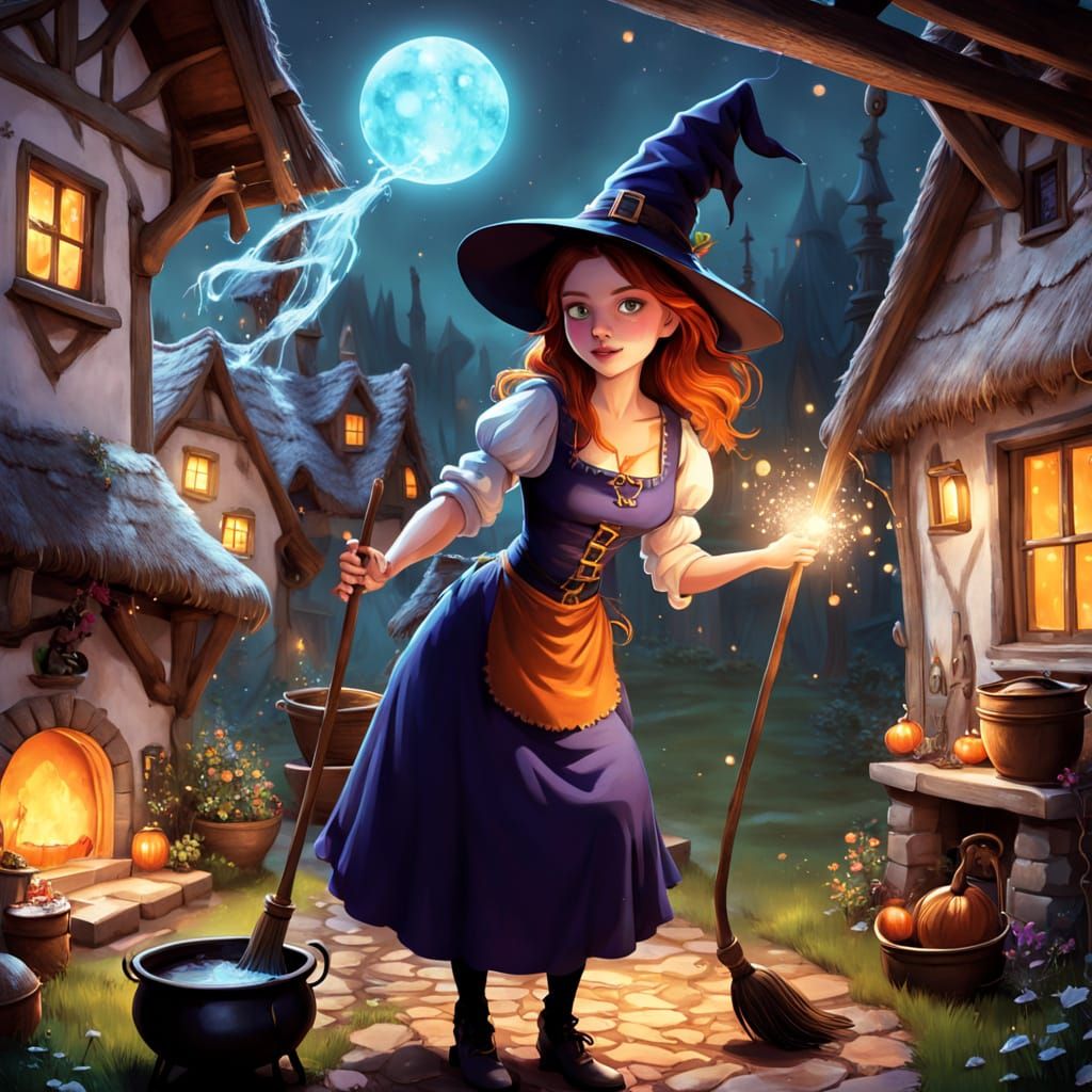Whimsical Witch Cleans Magical Cottage with Sparkling Broom