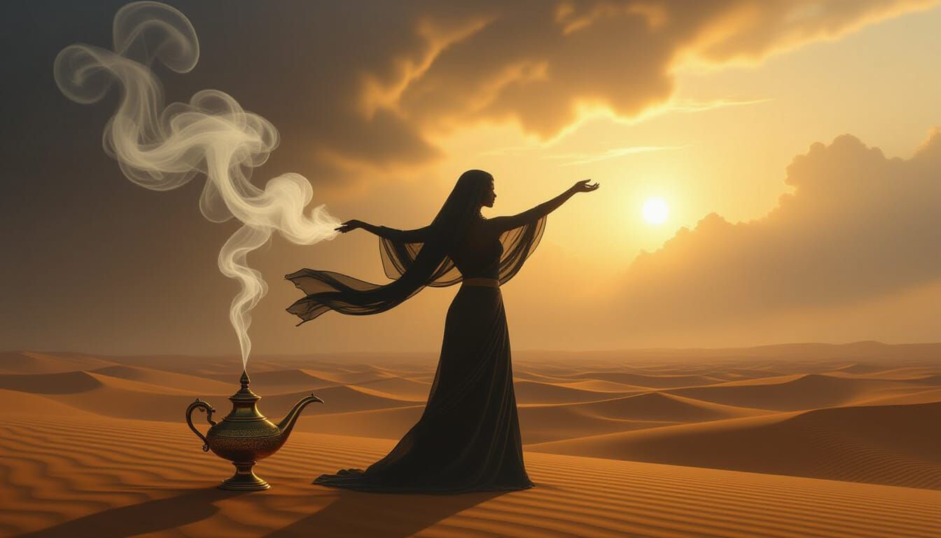 Ethereal Smoke Silhouette of Berber Woman from Genie Lamp