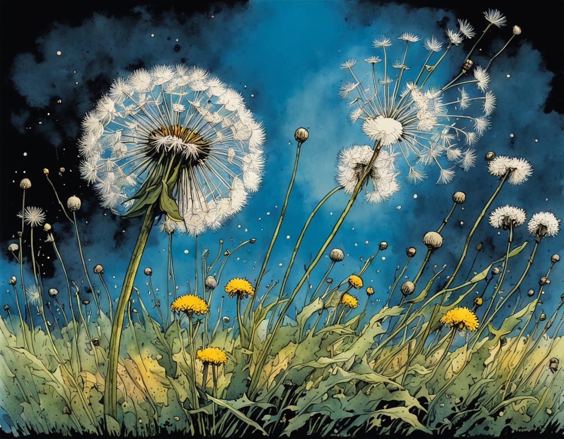 Whimsical Watercolour Dandelion in Ink Splash Style