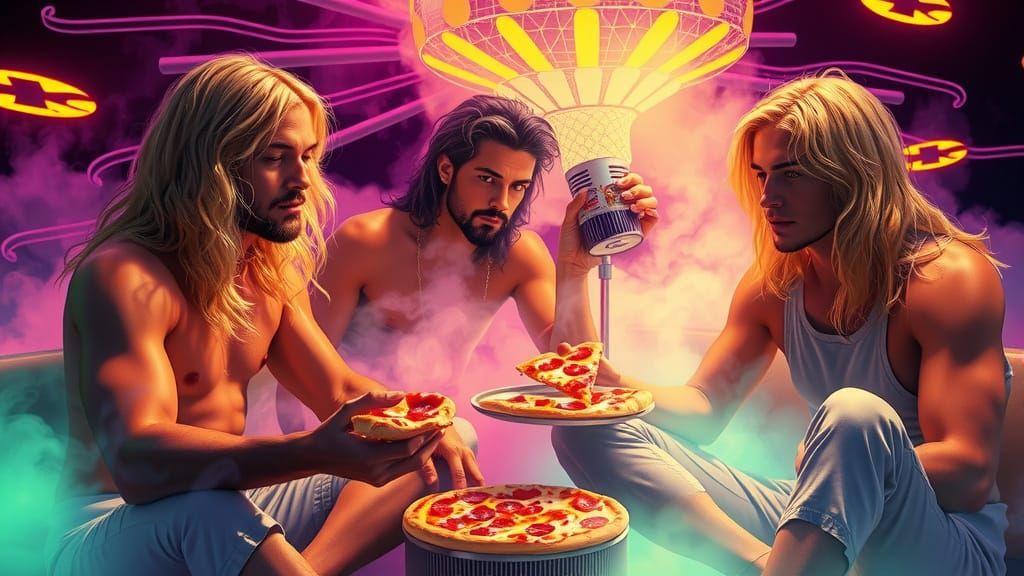 Psychedelic 1960s Pizza Party in Comic Book Style