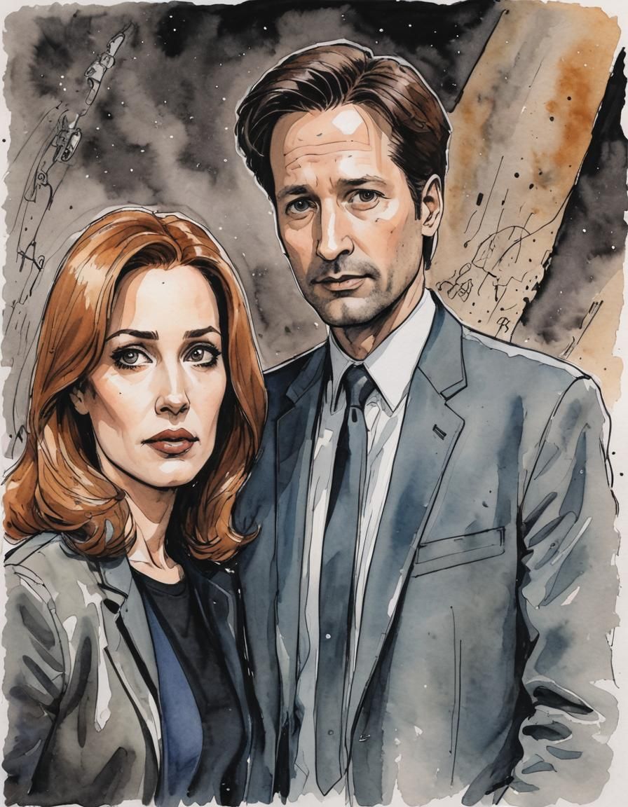portrait Dana Katherine Scully and Fox Mulder Area 51 mysterious ink pen and watercolors cartoon book Humberto Ramos