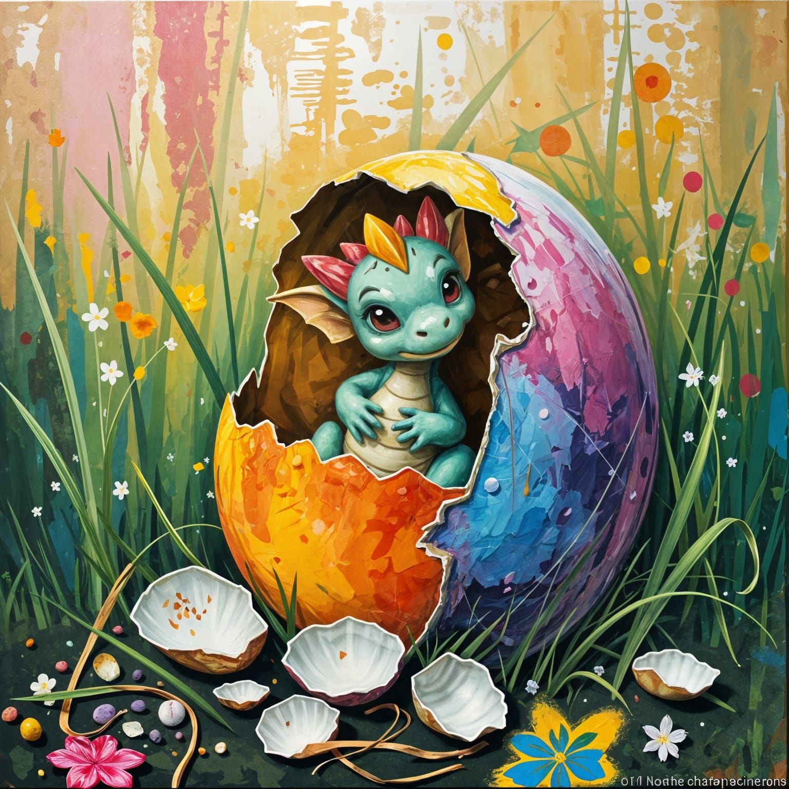 Baby Dragon Emerges from Easter Egg in Vibrant Art