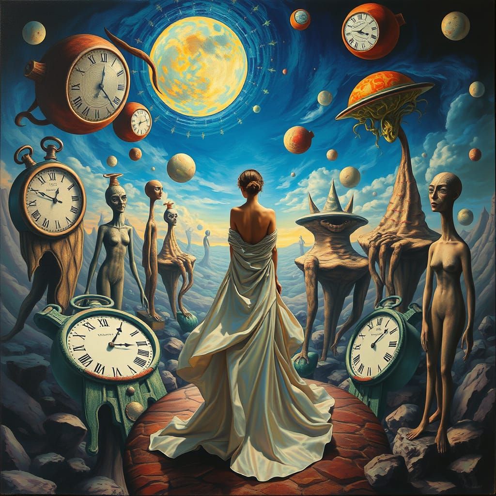 Surreal World with Ethereal Woman Amidst Bizarre Figures