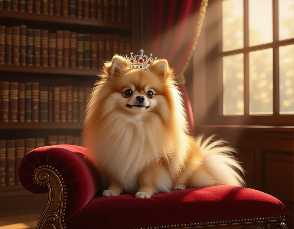 Regal Pomeranian in Crown on Velvet Cushion