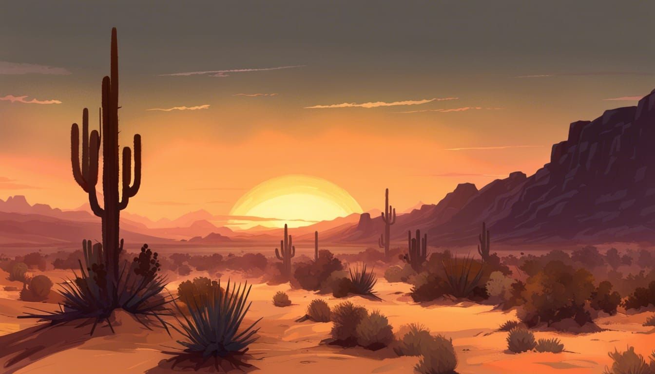 16k resolution, post-impressionist style of Disco Elysium. A stark desert landscape under a twilight sky, dunes dramatic...