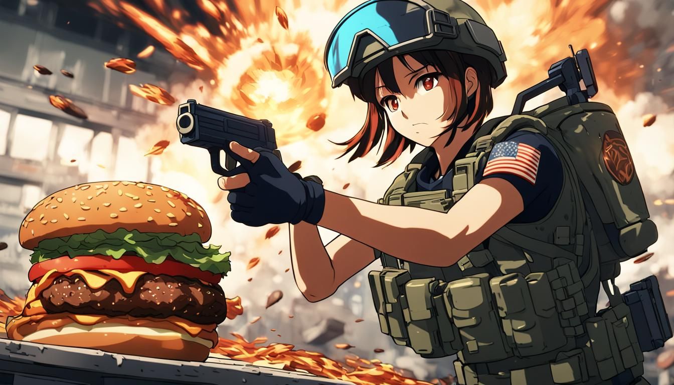 Anime Soldier Shields Burger in Dystopian Action Shot