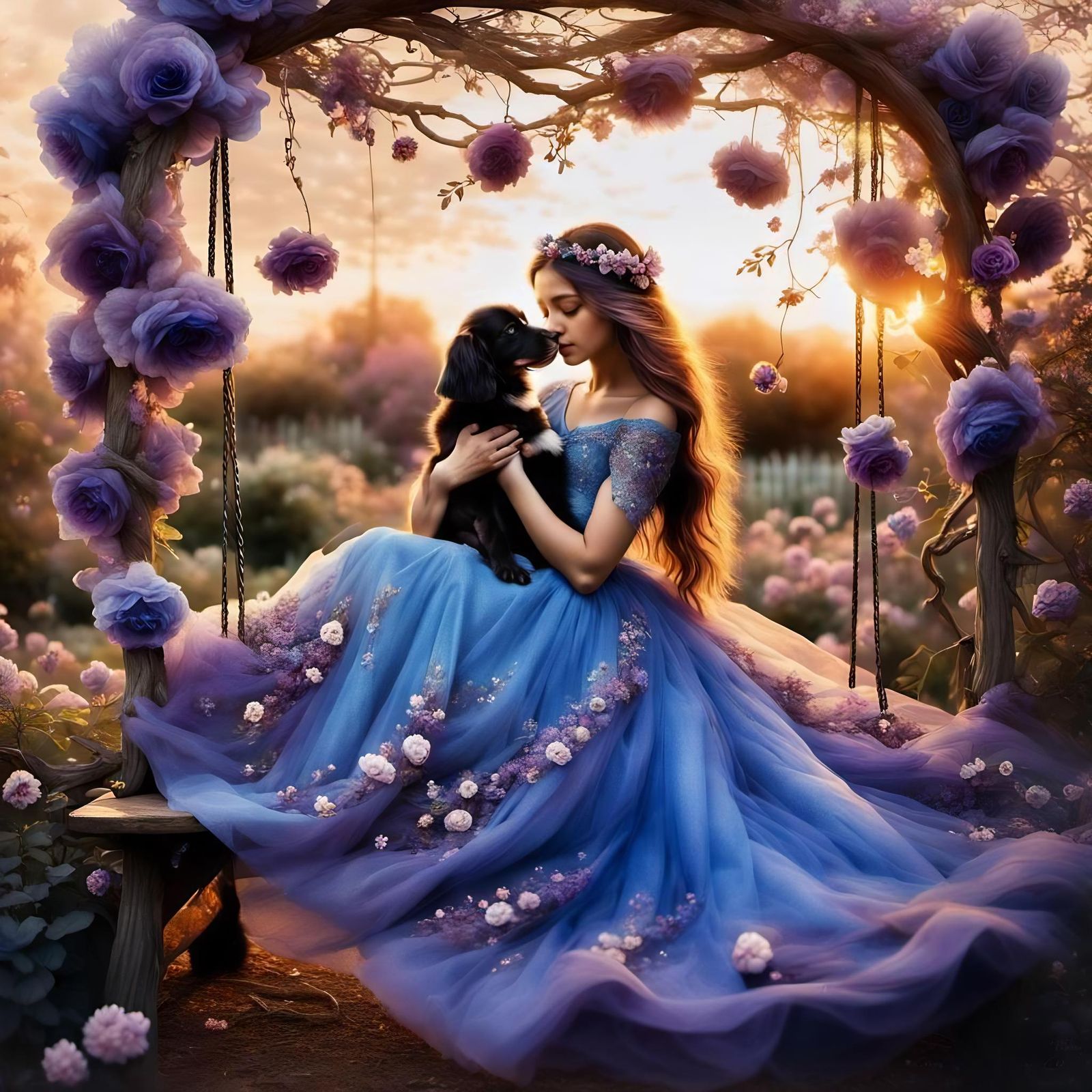 Dreamy Girl with Puppy in Windy Flower Garden