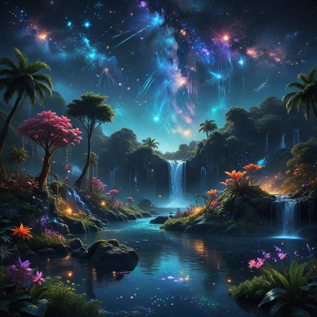 Enchanted Island Paradise With Starlight Pools And Nebulae S...