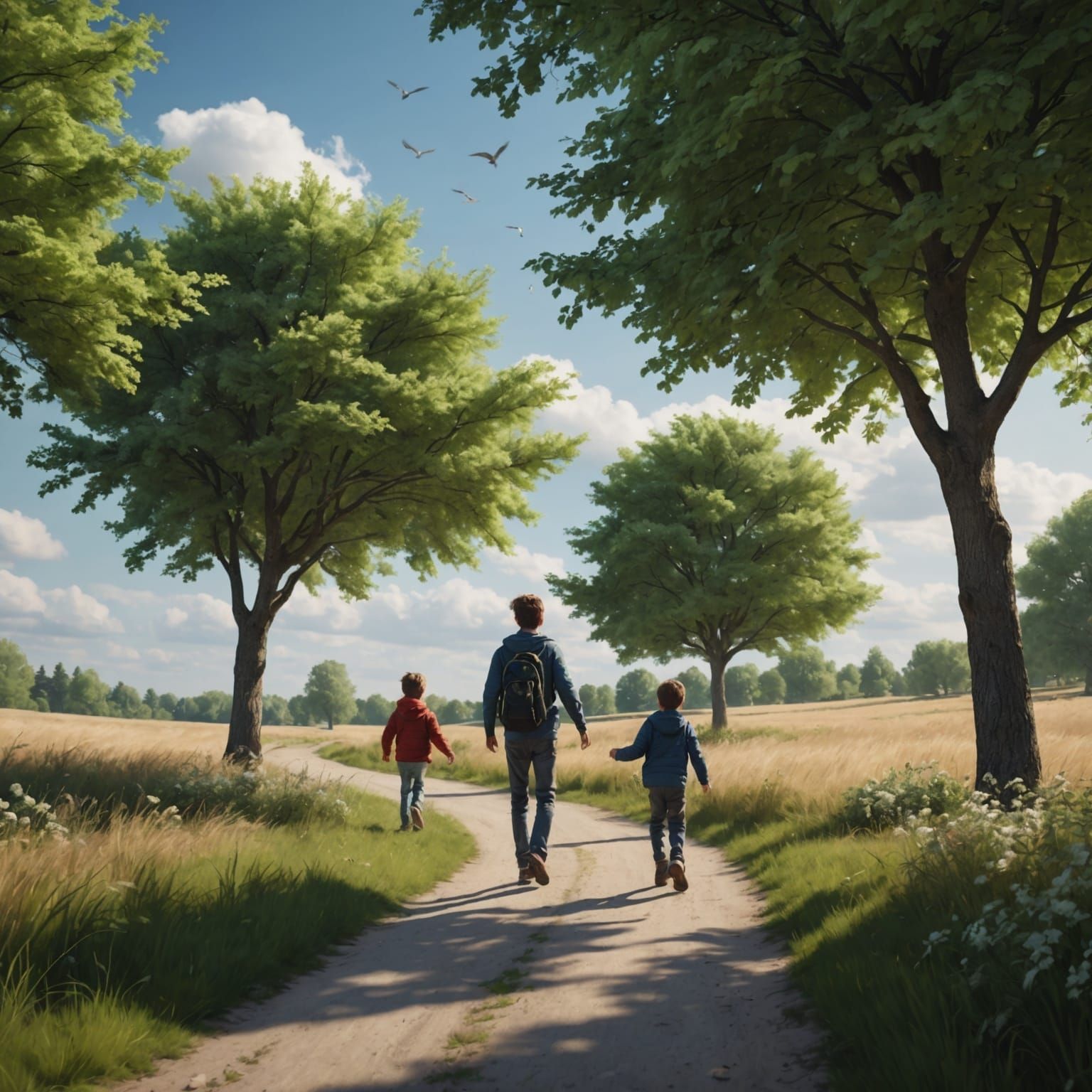 Windy Day Scene with Trees and Figures