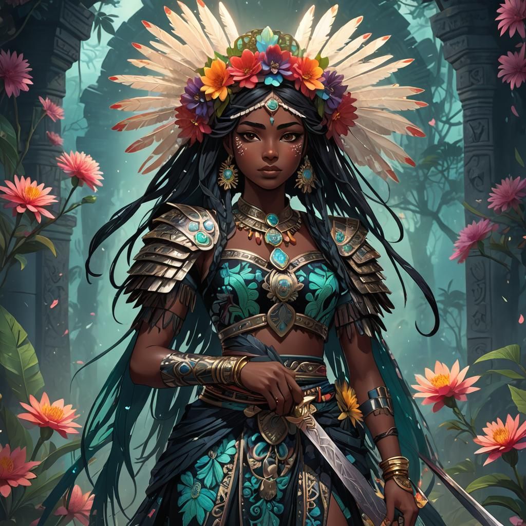 Anime Girl with Obsidian Sword in Mayan Style