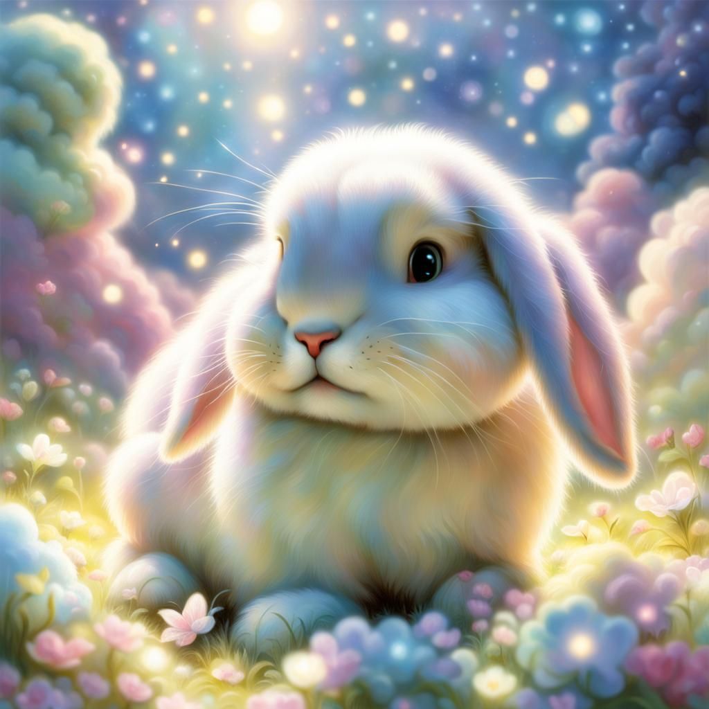 Ethereal Bunny Party in Thomas Kinkade Style