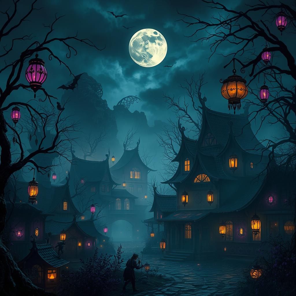 Eerie Halloween Village in Art Nouveau Style