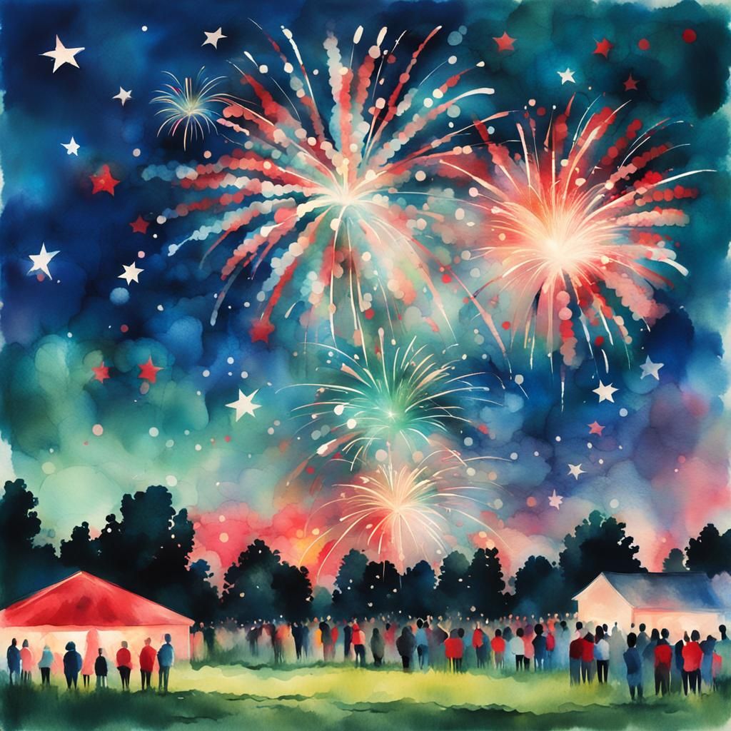 Fireworks Over July 4th, Ink Painting Style