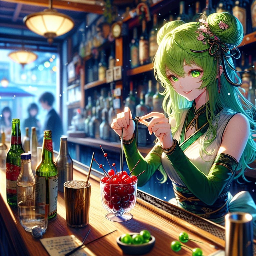 Anime Girl Tying Cherry Stems: Fantasy Concept Art