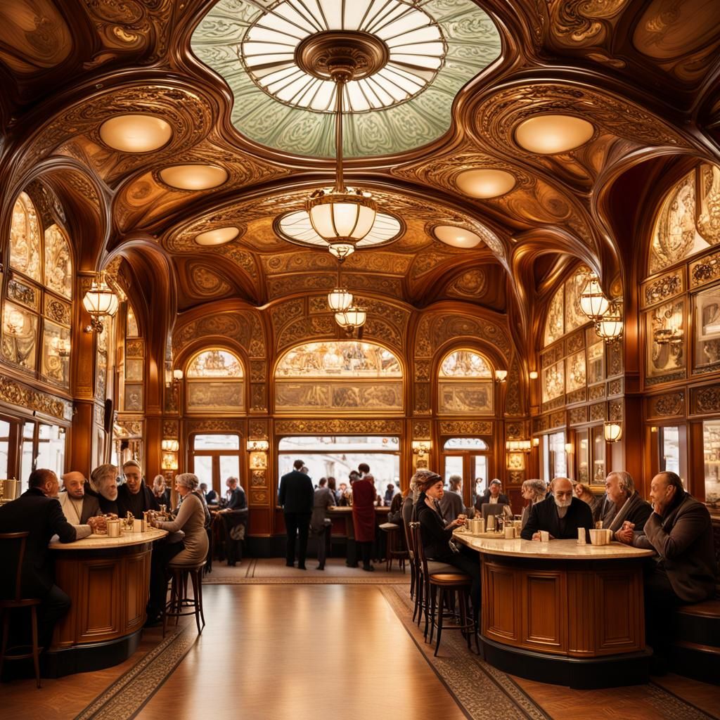 Ornate Budapest Coffee House Interior in Art Nouveau Style