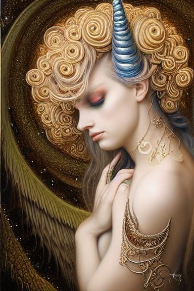 Unicorn Goddess with Intricate Jewelry, Surreal Art