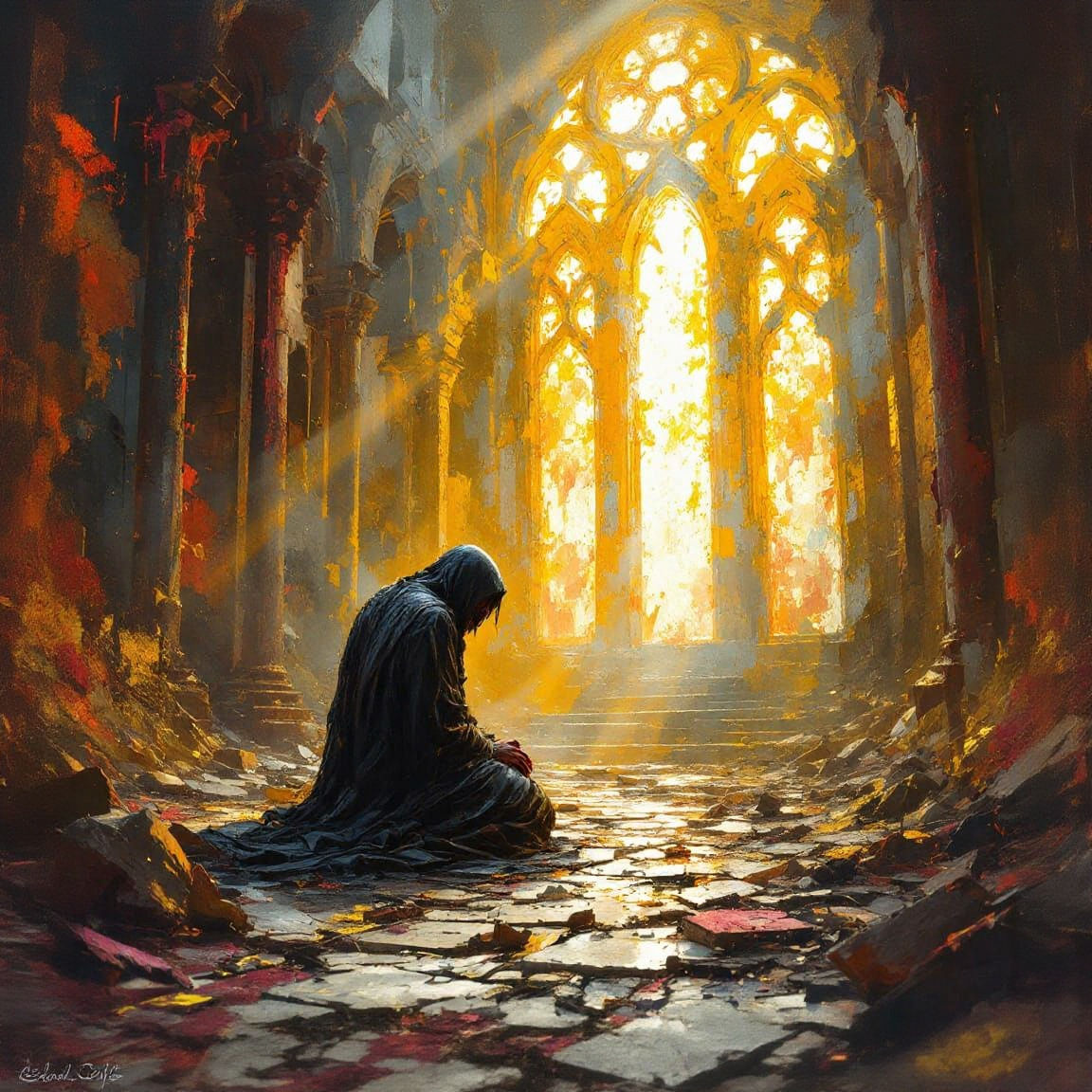 Tormented Prophet in Cathedral Ruin, Impasto Painting