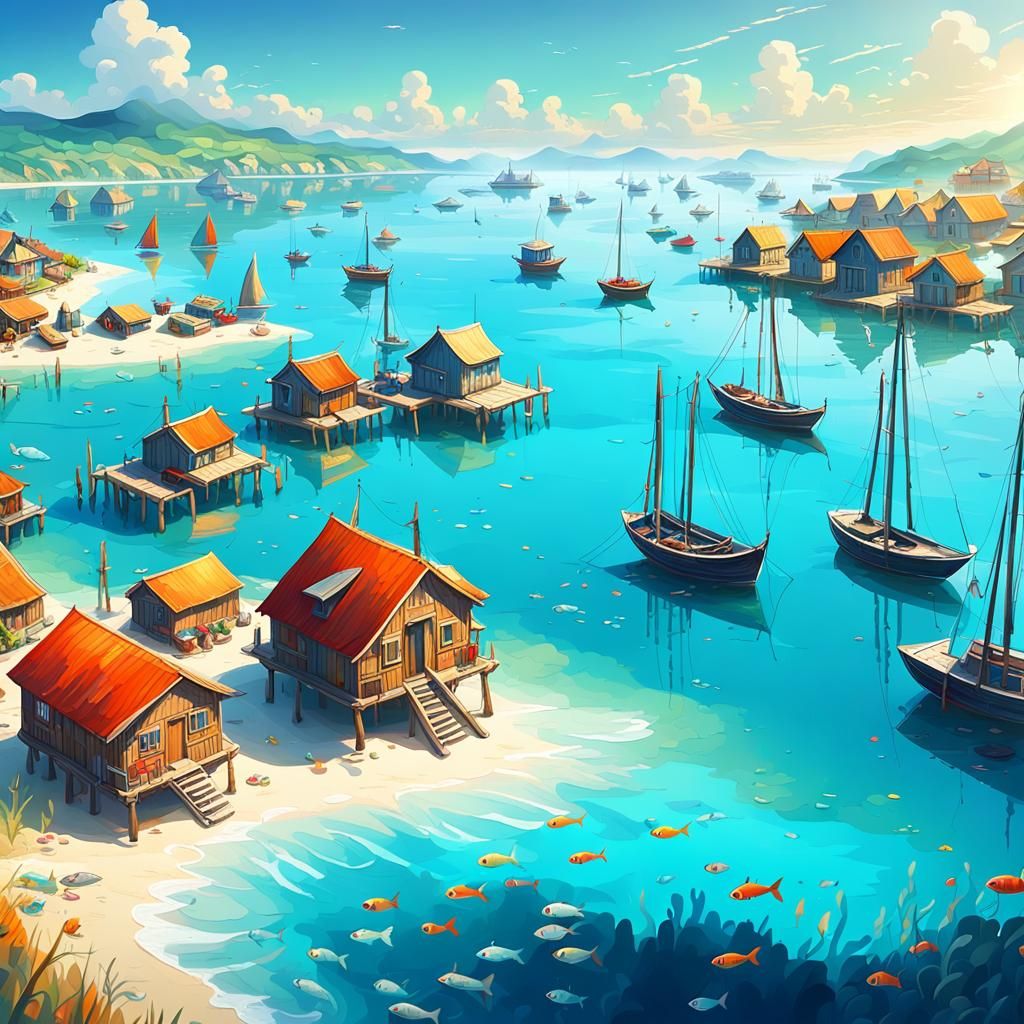 Coastal Village with Stilt Houses and Fishing Boats