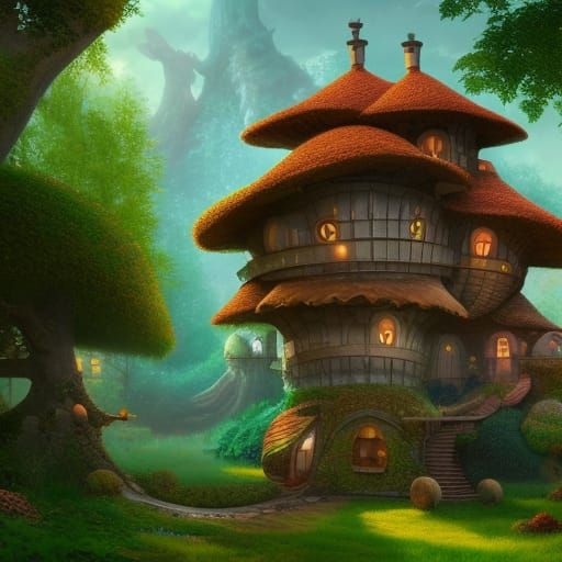 Whimsical Acorn House: Detailed Matte Painting