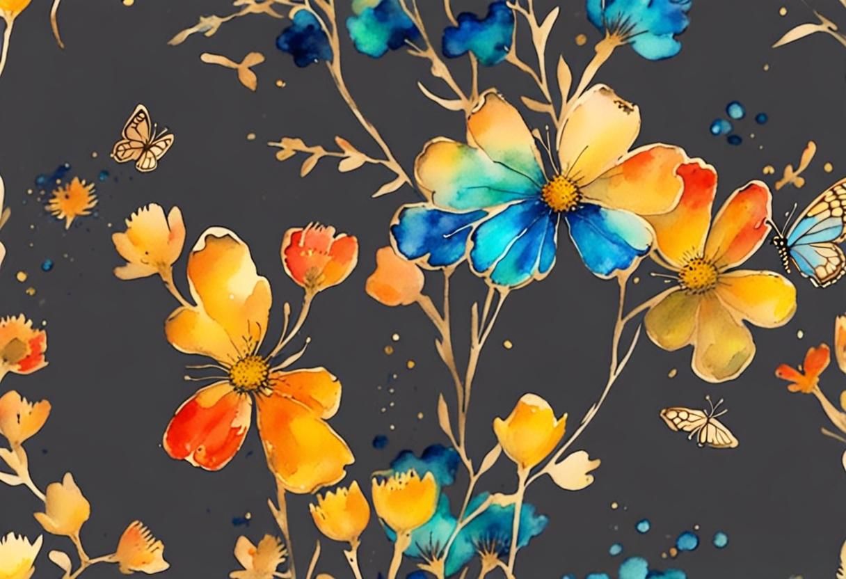 Watercolor Wildflowers and Butterflies with Gold Lining