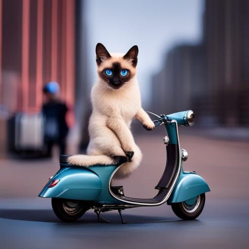 Siamese Kitten Rides a Scooter: Whimsical Scene