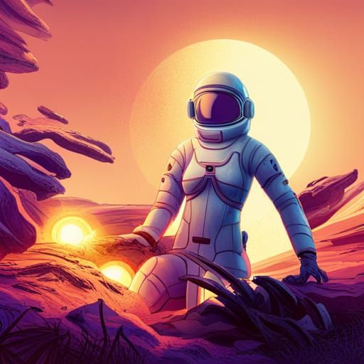 Astronaut Studies Alien Plants in Year 2431