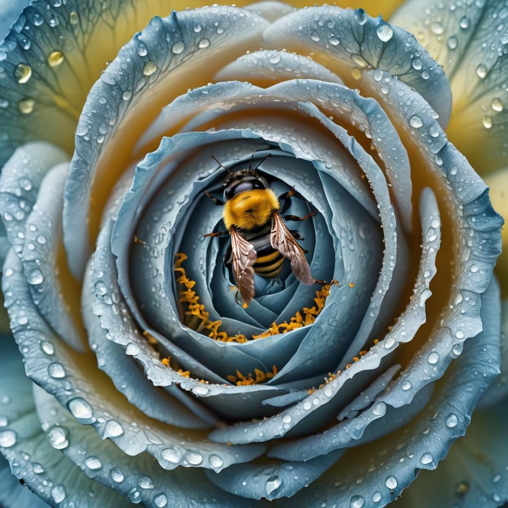 Sleeping Bumble Bee in Blue Rose Macro