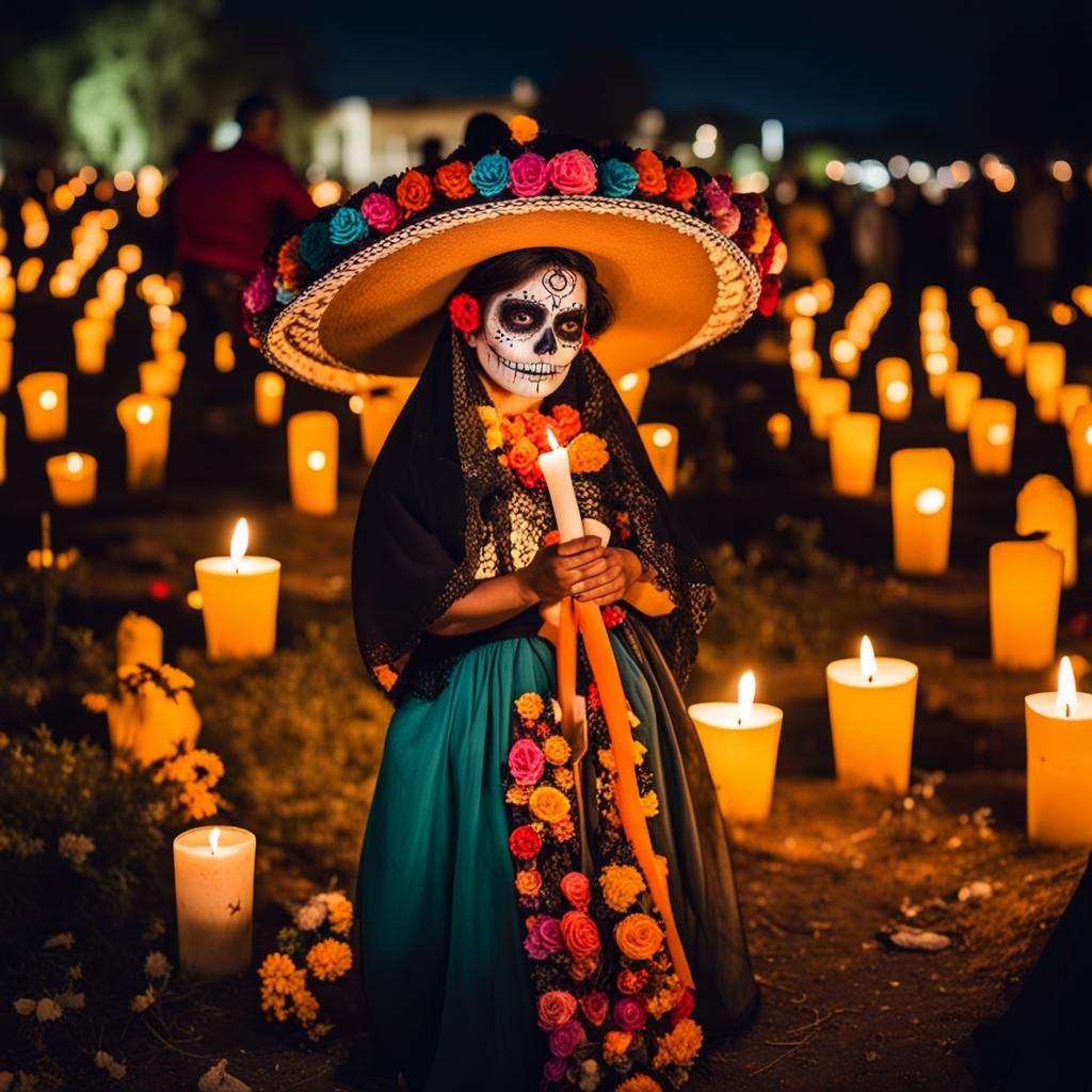 Mexican Cemetery many costumed people celebrating Día de los Muertos