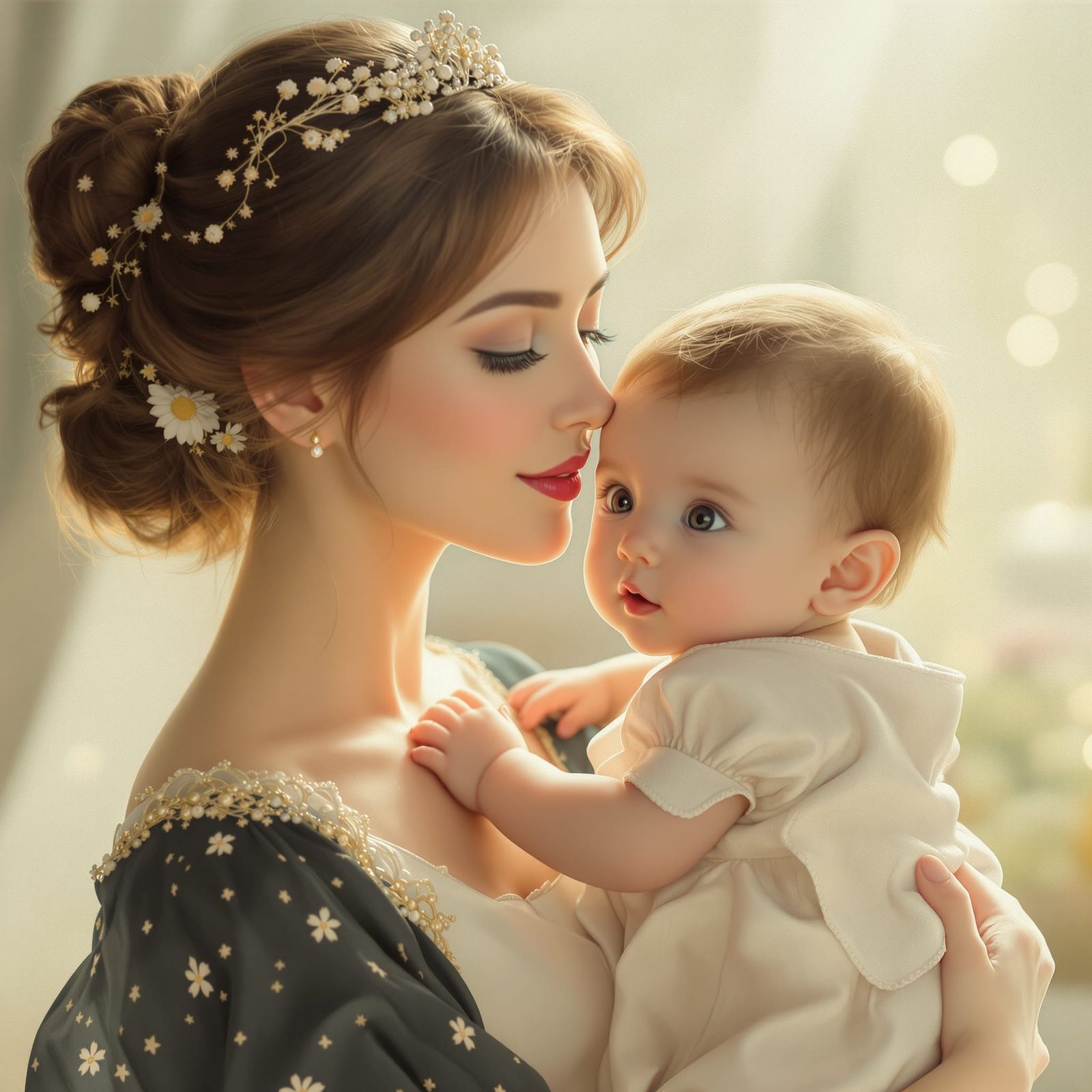 Serene Mother and Child in Ethereal Light, Classical Portrai...