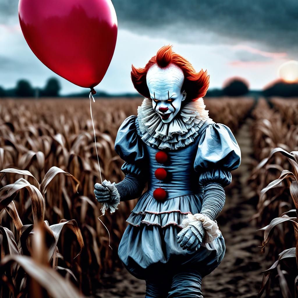 Pennywise in Cornfield with Red Balloon in Hyperrealism