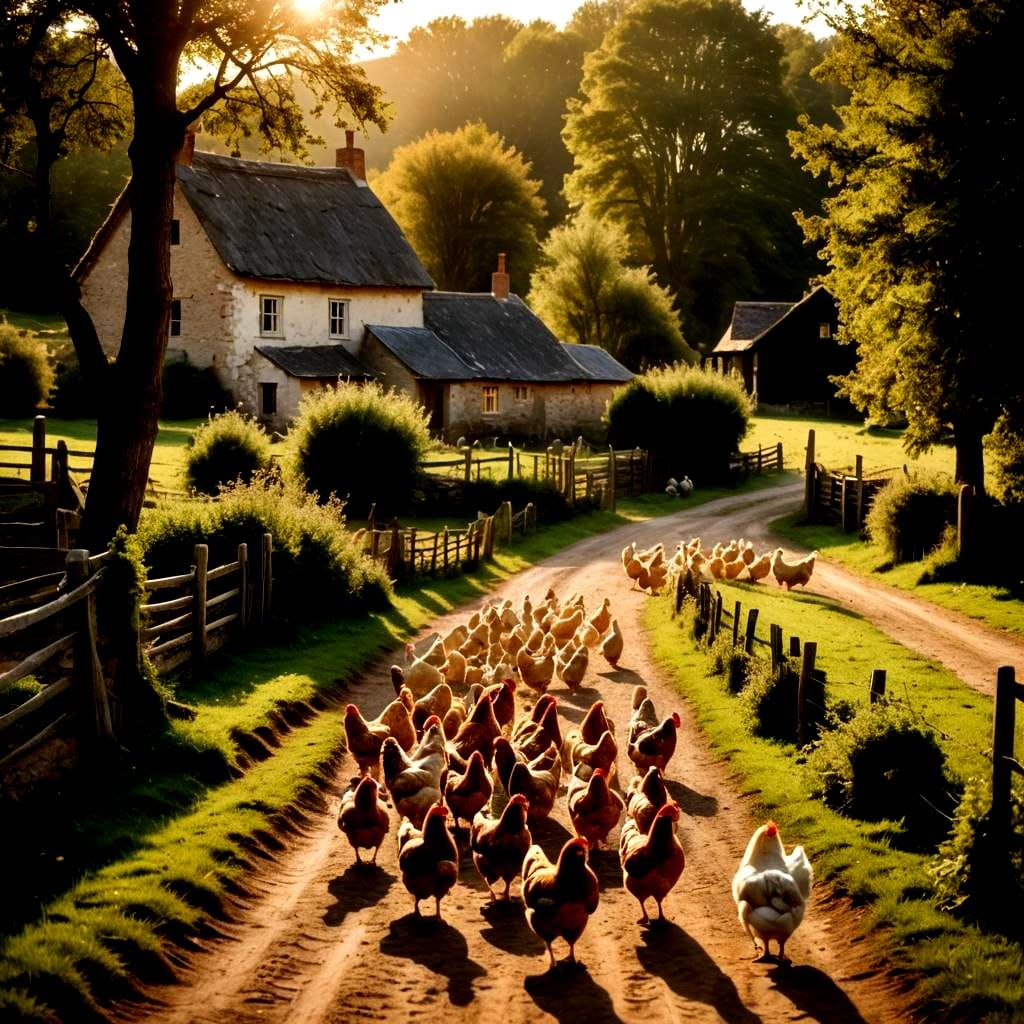 Farmhouse Scene with Free-Range Chickens