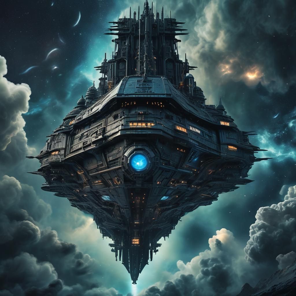 Gothic Spaceship Emerges from Nebula in Fantasy Style