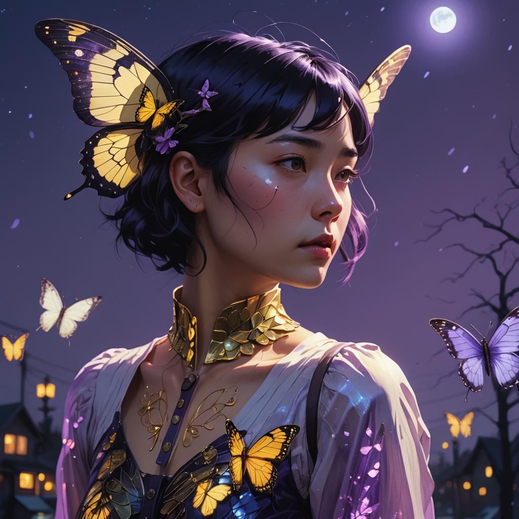 Butterfly Woman in Moonlit Fantasy Art